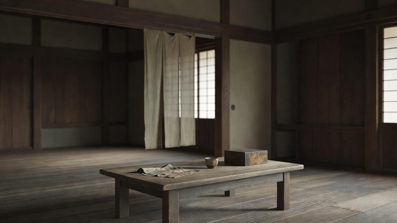 日式老屋室内空景，木桌上放着旧物，窗帘半开透进自然光，氛围安静克制