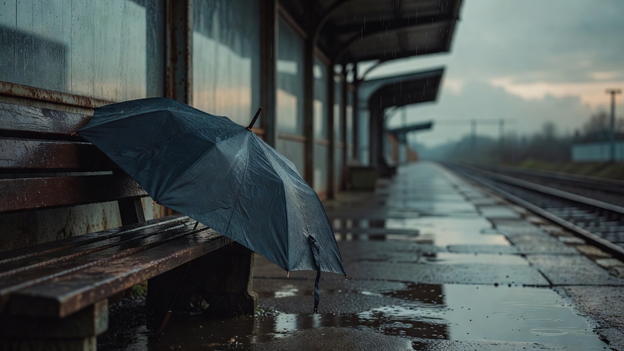 黄昏雨后的站台长椅旁靠着一把深色折叠伞，远处是空无一人的候车雨棚